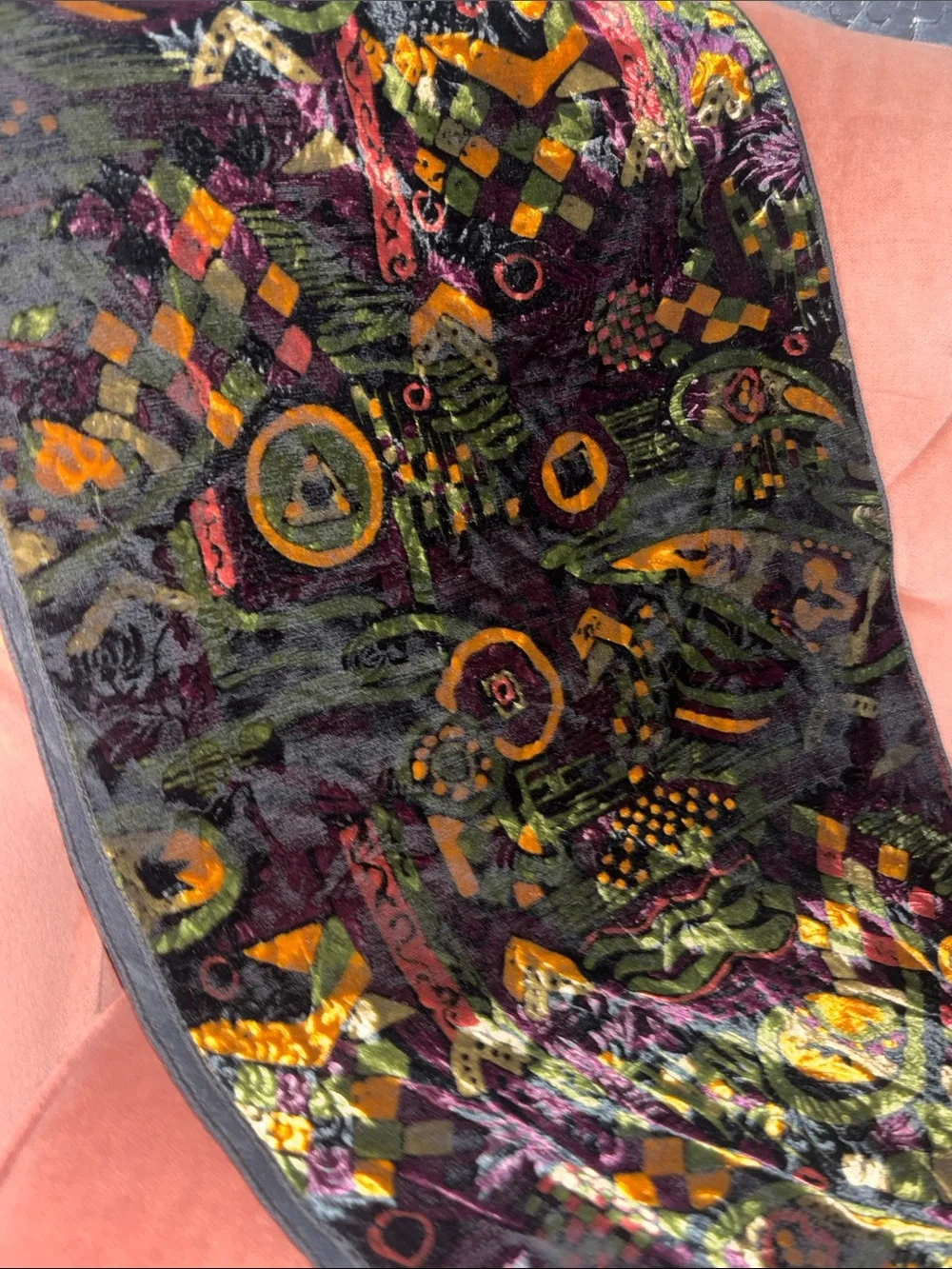 Stunning Vintage velvet burnout table runner fringe rich multicolor patterned